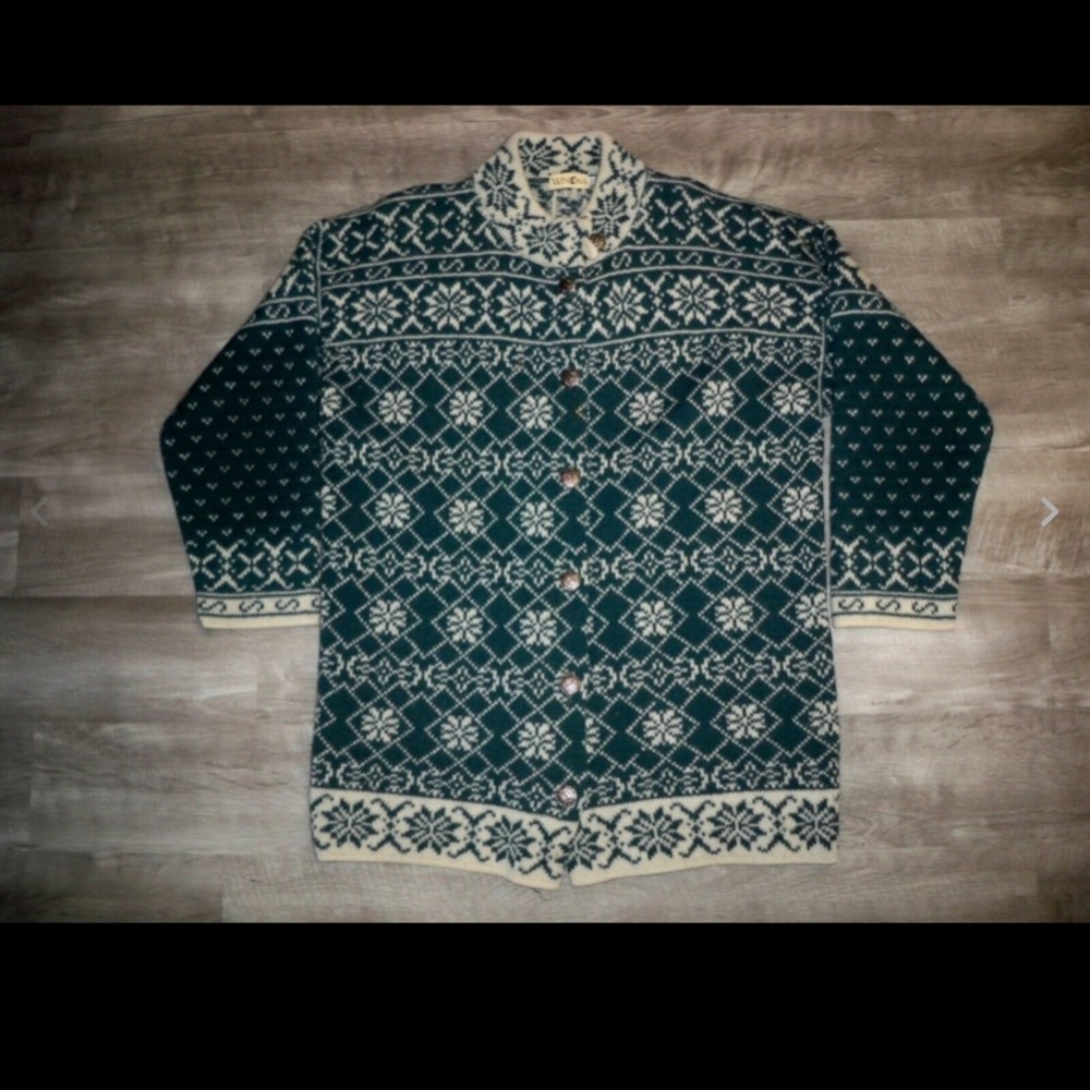 Vtg Winona 100% Wool Snowflake Metal Button Cardigan Sweater Jacket Womens Large